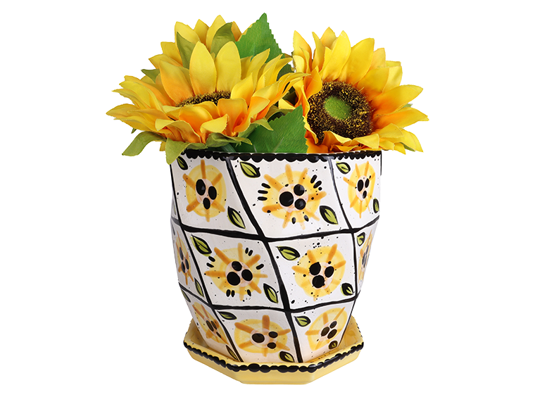 Bisque Geometric Waves Flower Pot W/ Tray (Case of 2)
