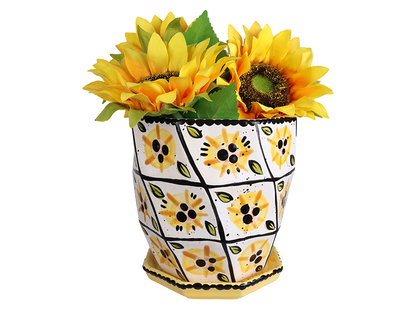Bisque Geometric Waves Flower Pot W/ Tray (Case of 2)
