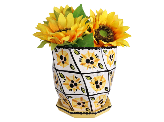 Bisque Geometric Waves Flower Pot W/ Tray (Case of 2)